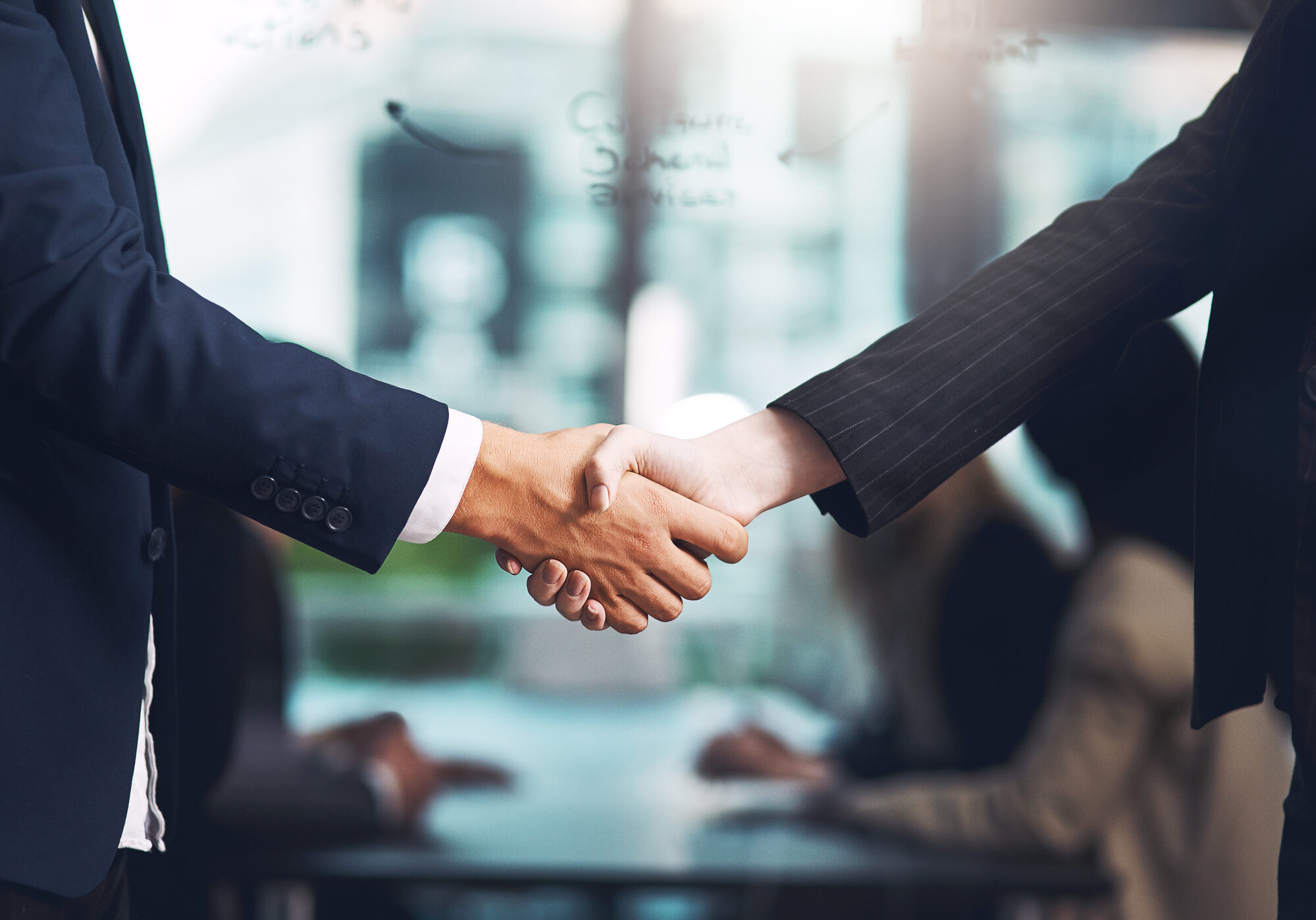 And so the deal was sealed Cropped shot of a businessman and businesswoman shaking hands in a modern office